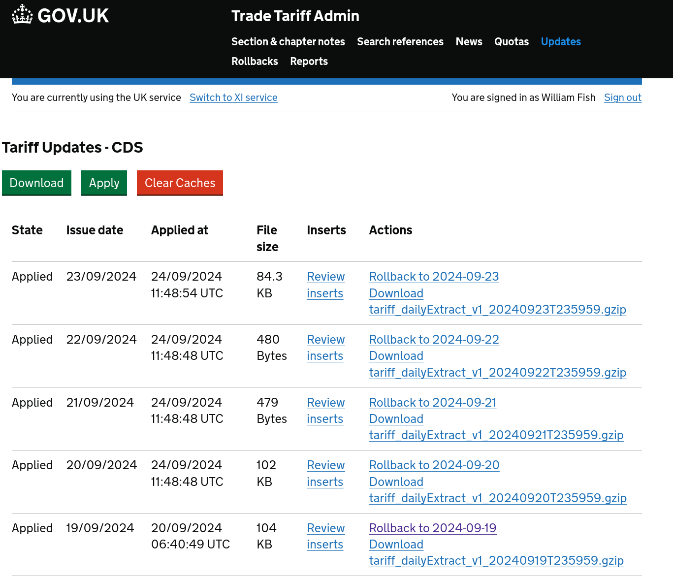 Tariff Admin Updates Page